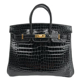 Herm�s 25cm Birkin Black Shiny Porosus Crocodile Gold Hardware
